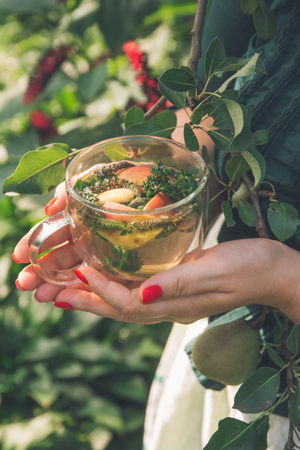 Yrttitee lasikupissa käsissä